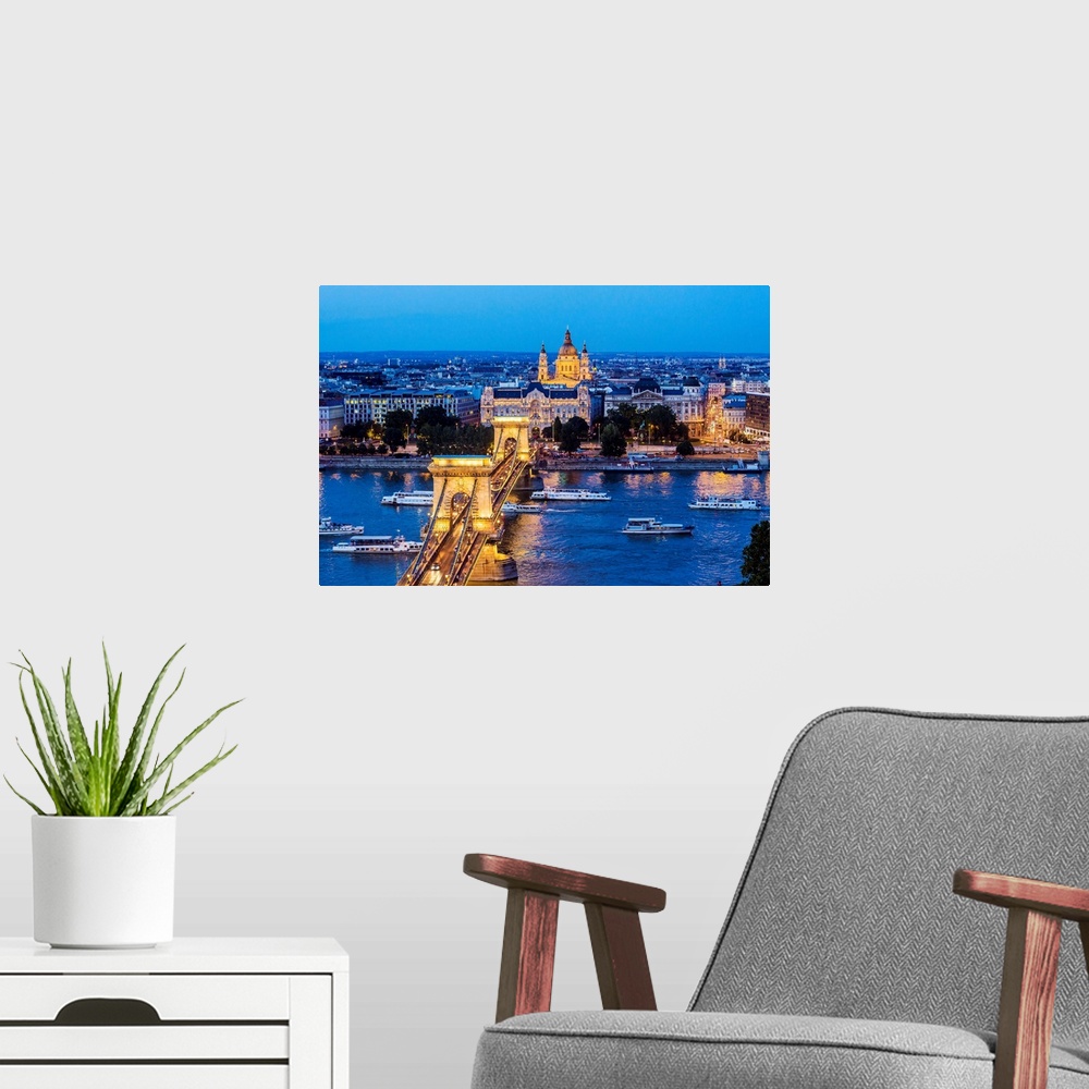 A modern room featuring Hungary, Budapest, Danube, Donau, Chain Bridge, River Danube, Chain Bridge (Szechenyi Lanchid), G...