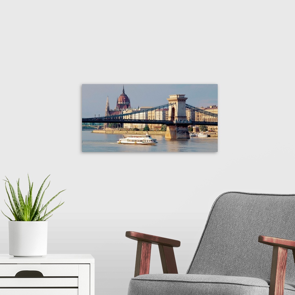 A modern room featuring Hungary, Budapest, Chain Bridge (Szechenyi Lanchid) on Danube river
