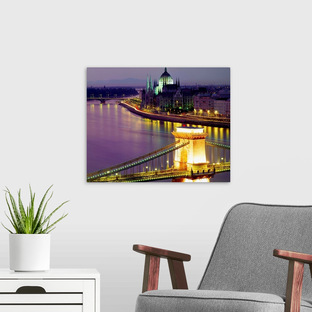 A modern room featuring Hungary, Budapest, Chain Bridge (Szechenyi Lanchid) on Danube river and the Parliament
