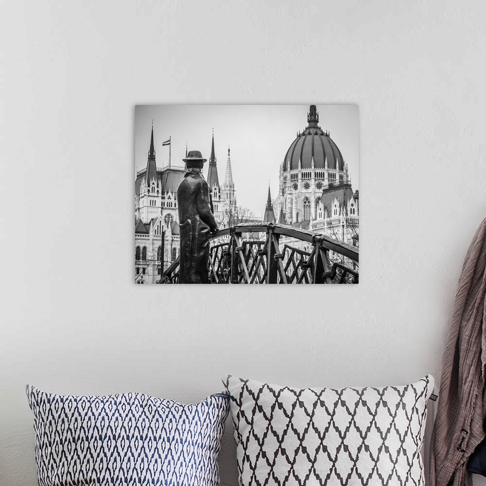 A bohemian room featuring Hungary, Budapest, Bohemia, Danube, Danube valley, The Imre Nagy statue standing on his own bridg...