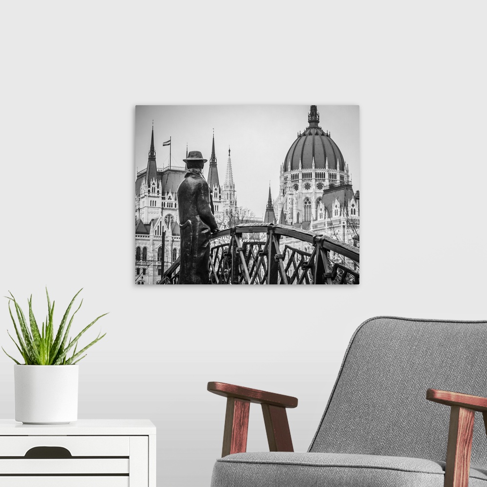 A modern room featuring Hungary, Budapest, Bohemia, Danube, Danube valley, The Imre Nagy statue standing on his own bridg...