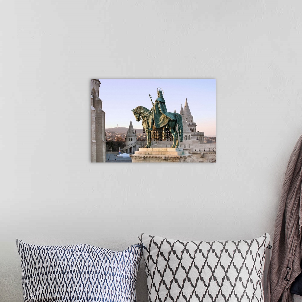 A bohemian room featuring Hungary, Budapest, Equestrian statue of King Stephen I of Hungary at the Fisherman's Bastion