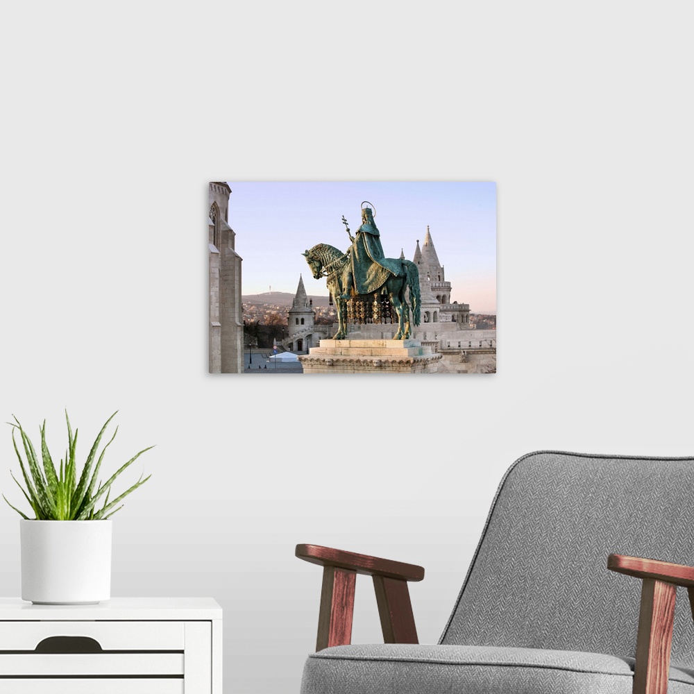 A modern room featuring Hungary, Budapest, Equestrian statue of King Stephen I of Hungary at the Fisherman's Bastion