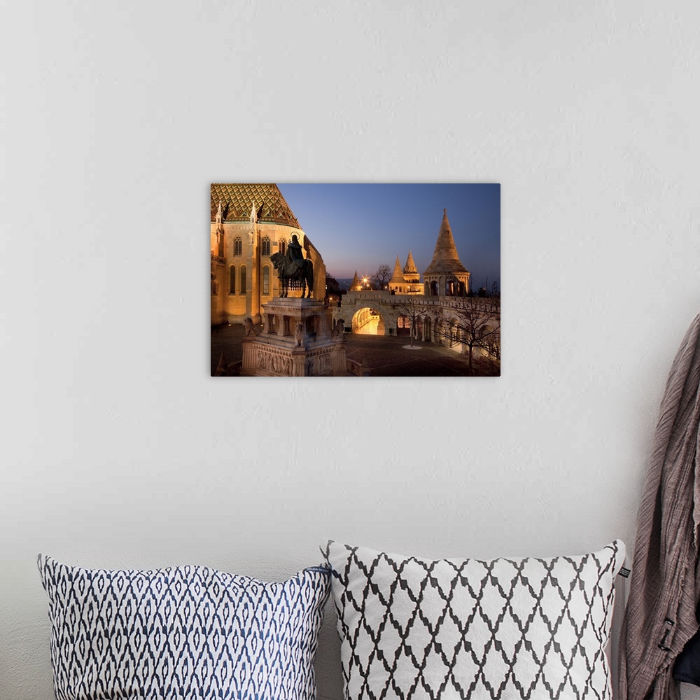 A bohemian room featuring Hungary, Budapest, Fishermen's Bastion, Equestrian statue of King Stephen I of Hungary at the Fis...