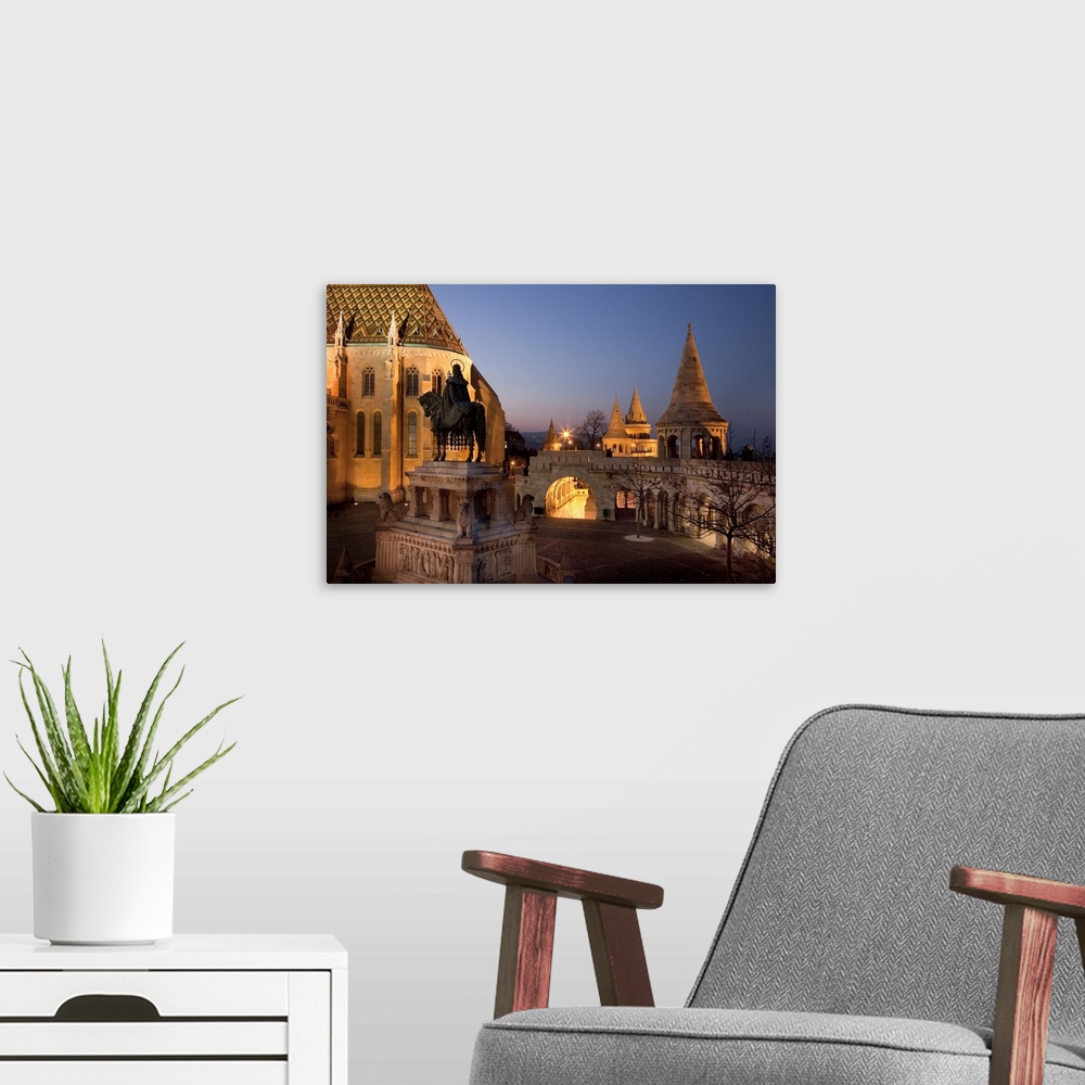 A modern room featuring Hungary, Budapest, Fishermen's Bastion, Equestrian statue of King Stephen I of Hungary at the Fis...
