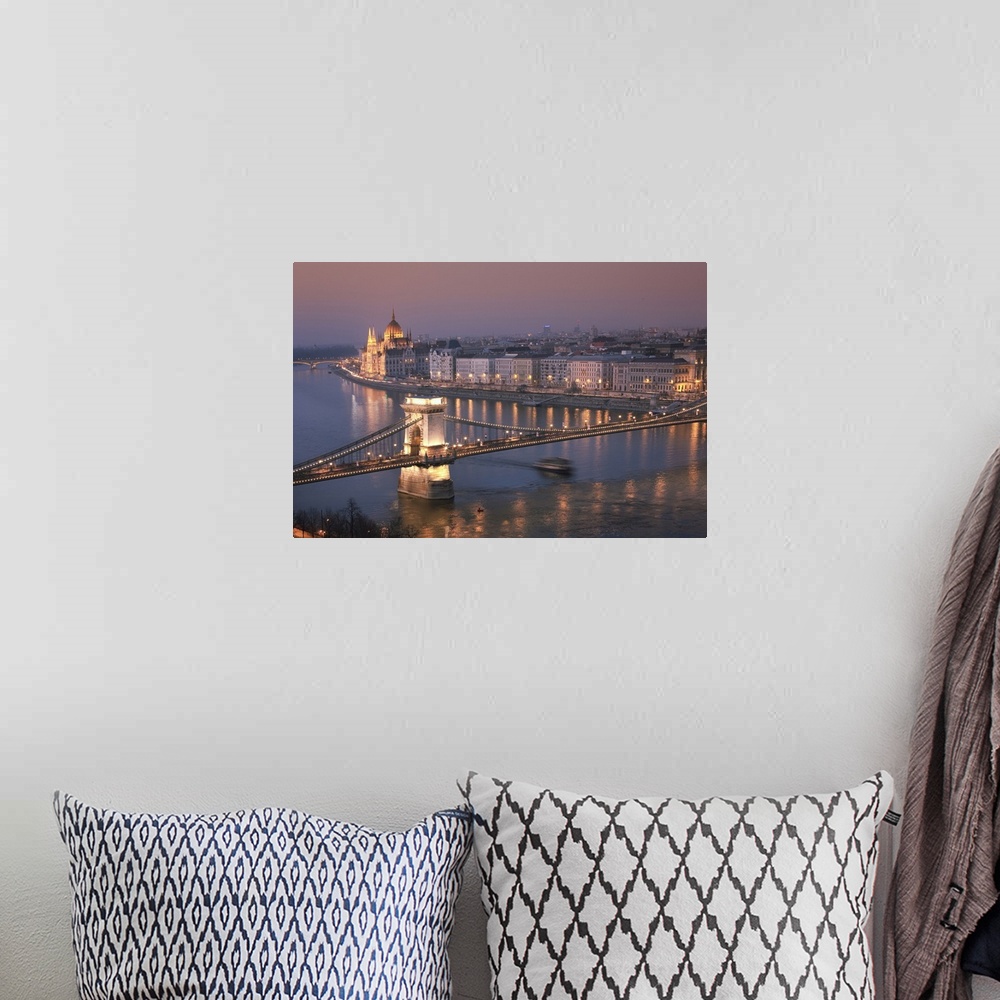 A bohemian room featuring Hungary, Budapest, Parliament Building and the Chain Bridge on Danube River