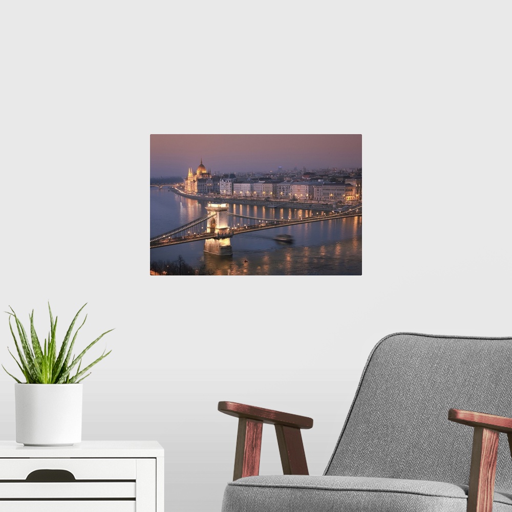A modern room featuring Hungary, Budapest, Parliament Building and the Chain Bridge on Danube River