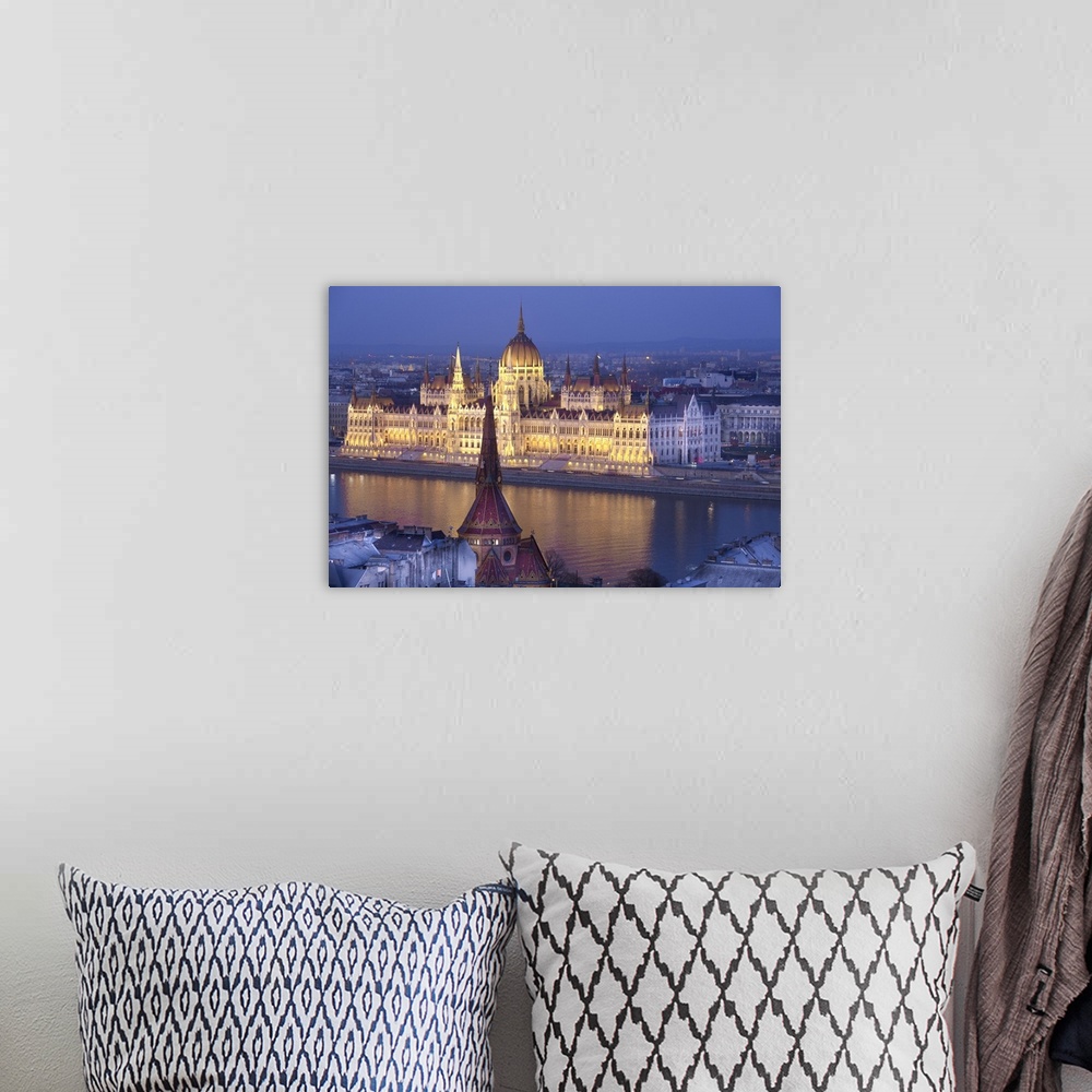 A bohemian room featuring Hungary, Budapest, Parliament Building by Danube River from the Fisherman's Bastion