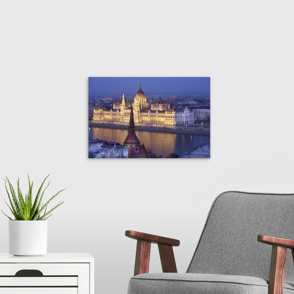 A modern room featuring Hungary, Budapest, Parliament Building by Danube River from the Fisherman's Bastion