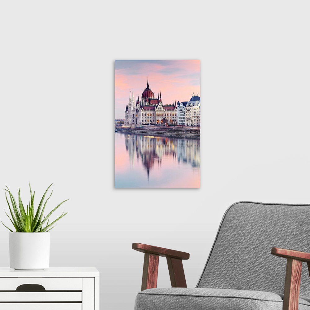 A modern room featuring Hungary, Budapest, The Danube river and the Parliament building.