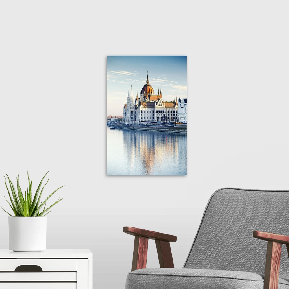 A modern room featuring Hungary, Budapest, The Danube river and the Parliament building
