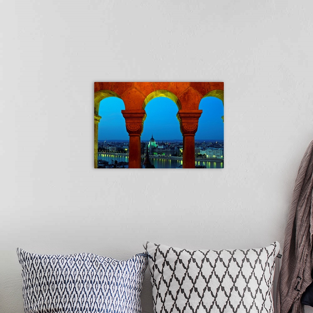 A bohemian room featuring Hungary, Budapest, View of Pest from Fishermen's Bastion