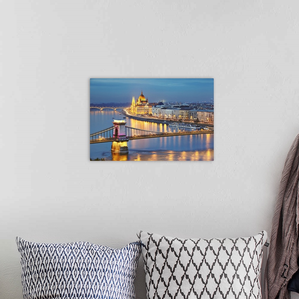 A bohemian room featuring Hungary, Budapest, View of the Danube river, Chain Bridge, Szechenyi Lanchid, and the Parliament ...
