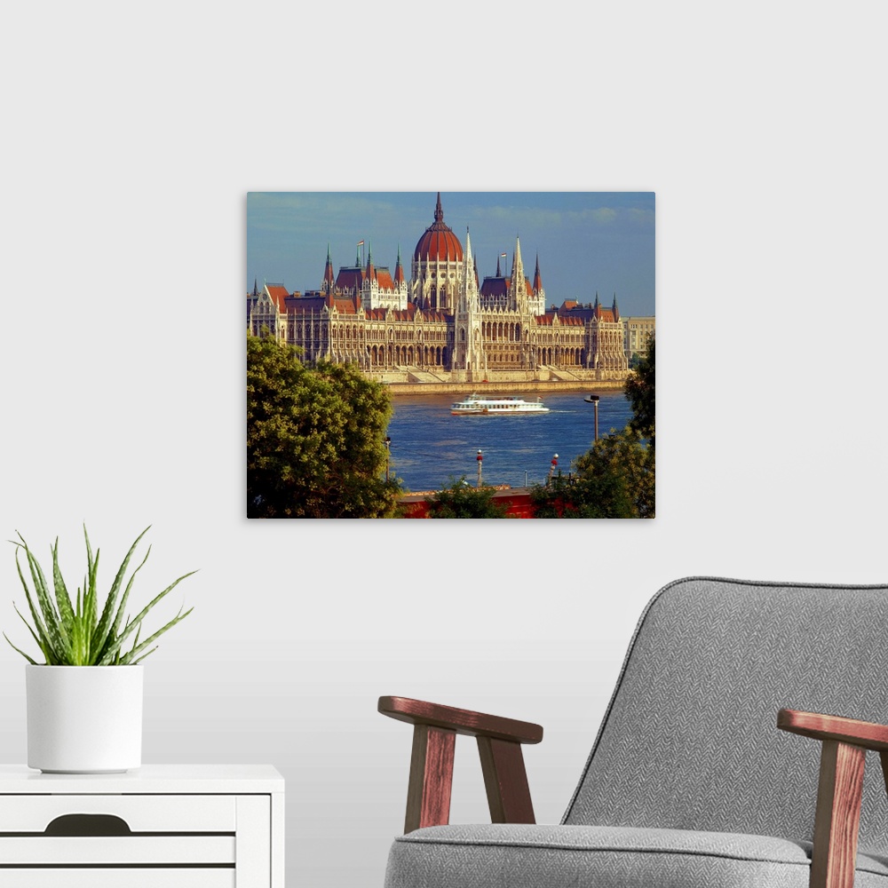 A modern room featuring Hungary, Budapest, View of the Parliament on Danube river