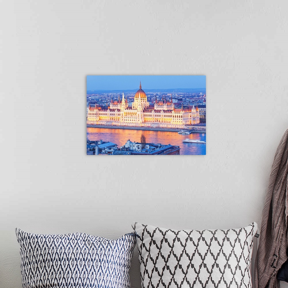 A bohemian room featuring Hungary, Budapest, Danube, View of the Parliament on Danube river from Fishermen's Bastion.