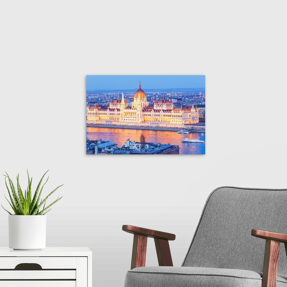 A modern room featuring Hungary, Budapest, Danube, View of the Parliament on Danube river from Fishermen's Bastion.