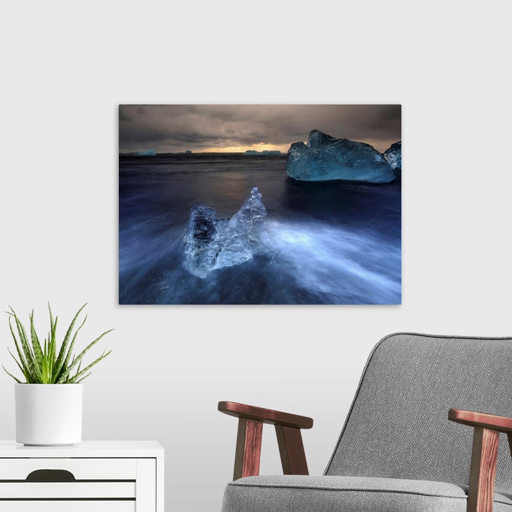 A modern room featuring Iceland, South Iceland, Jokulsarlon, Small piece of ice in the beach of Jokulsarlon.