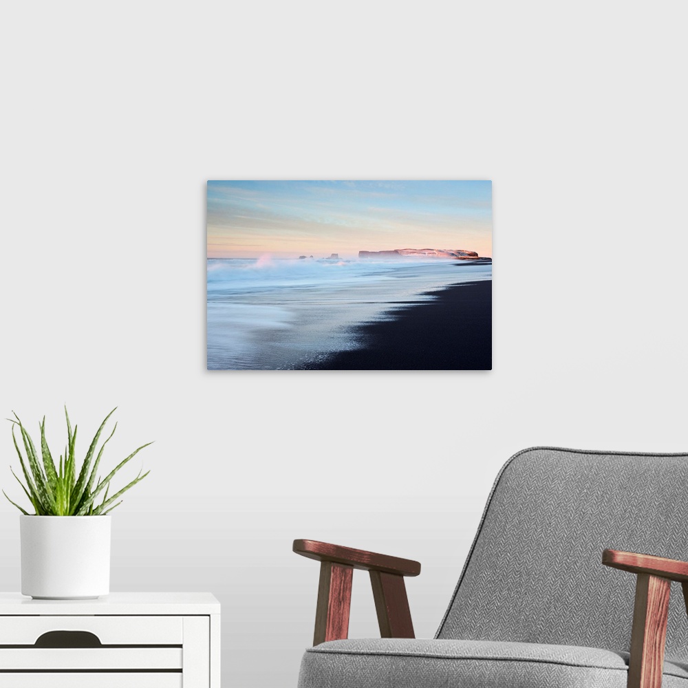 A modern room featuring Iceland, South Iceland, Vik i Myrdal, The volcanic beach at Vik at sunrise.