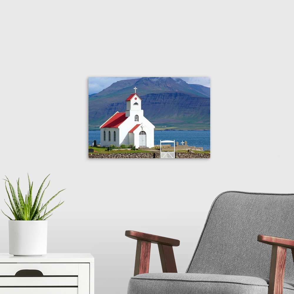 A modern room featuring Iceland, Westfjords, Vestfiroir, Innriholmur church, around Akranes