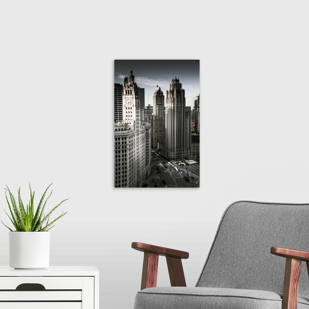 A modern room featuring USA, Illinois, Chicago, Tribune tower and the Wrigley building  overlooking the Chicago River