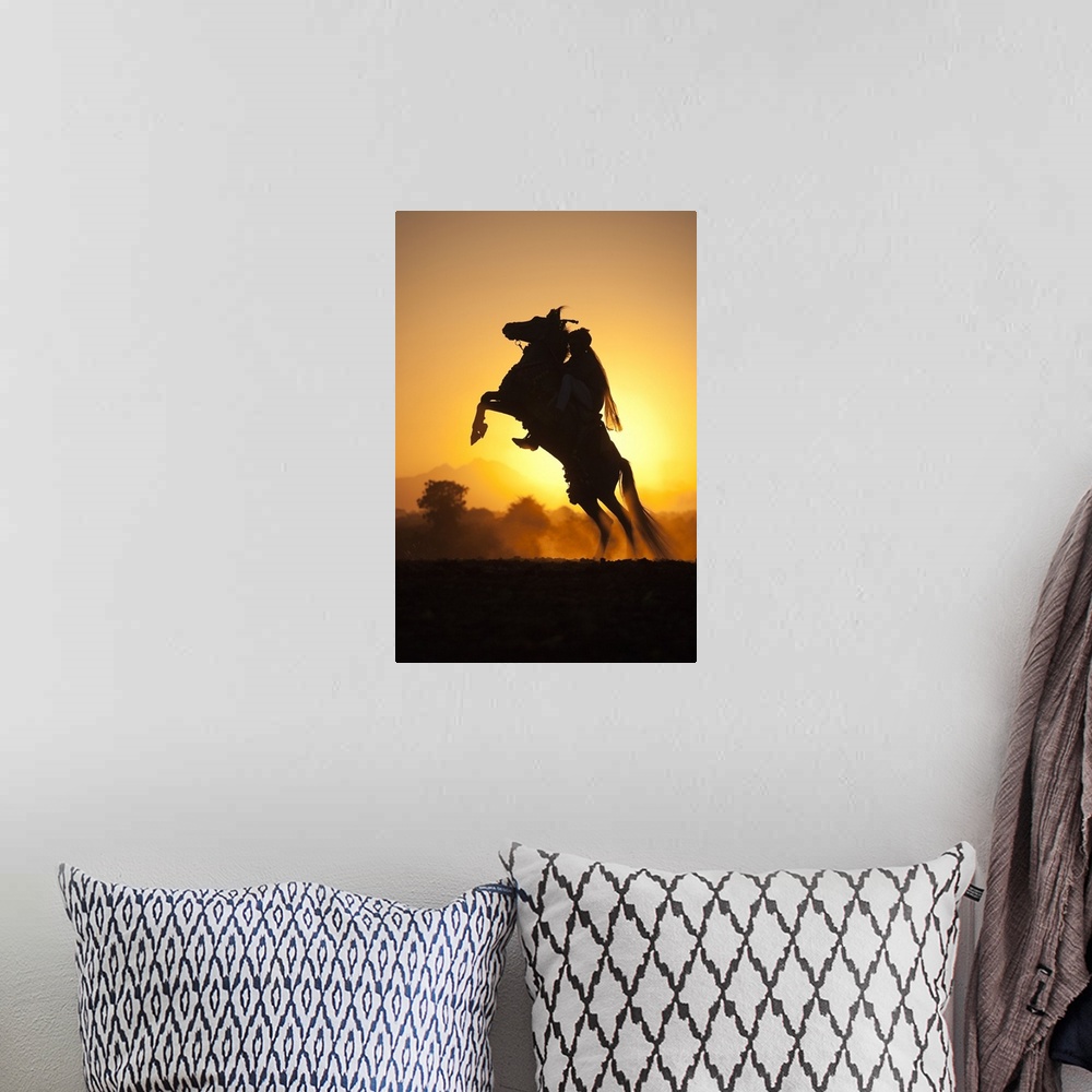 A bohemian room featuring India, Rajasthan, A typically dressed rider on a rearing Kathiawari horse backlit in the sunset
