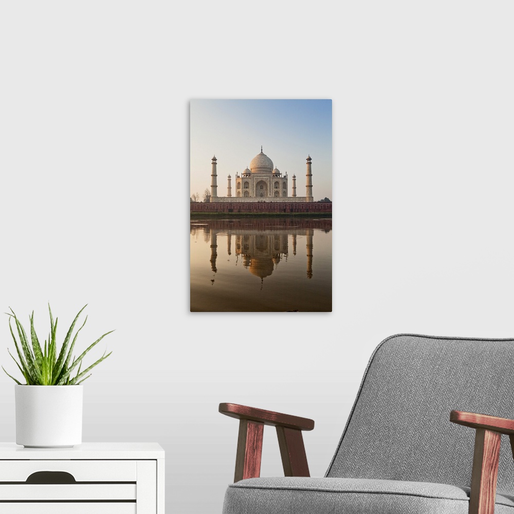 A modern room featuring India, Uttar Pradesh, Agra, Taj Mahal, View from the river Yamuna.