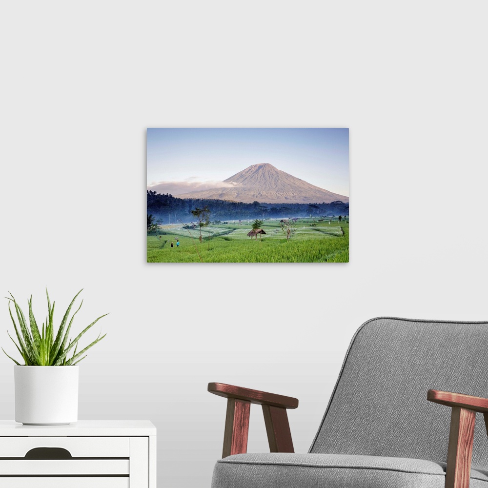 A modern room featuring Indonesia, Bali, Mount Agung over rice terraces of the Abang region in early morning.