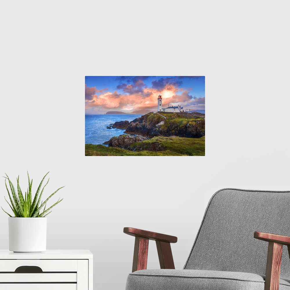 A modern room featuring Ireland, Donegal, Fanad Head lighthouse at sunrise.
