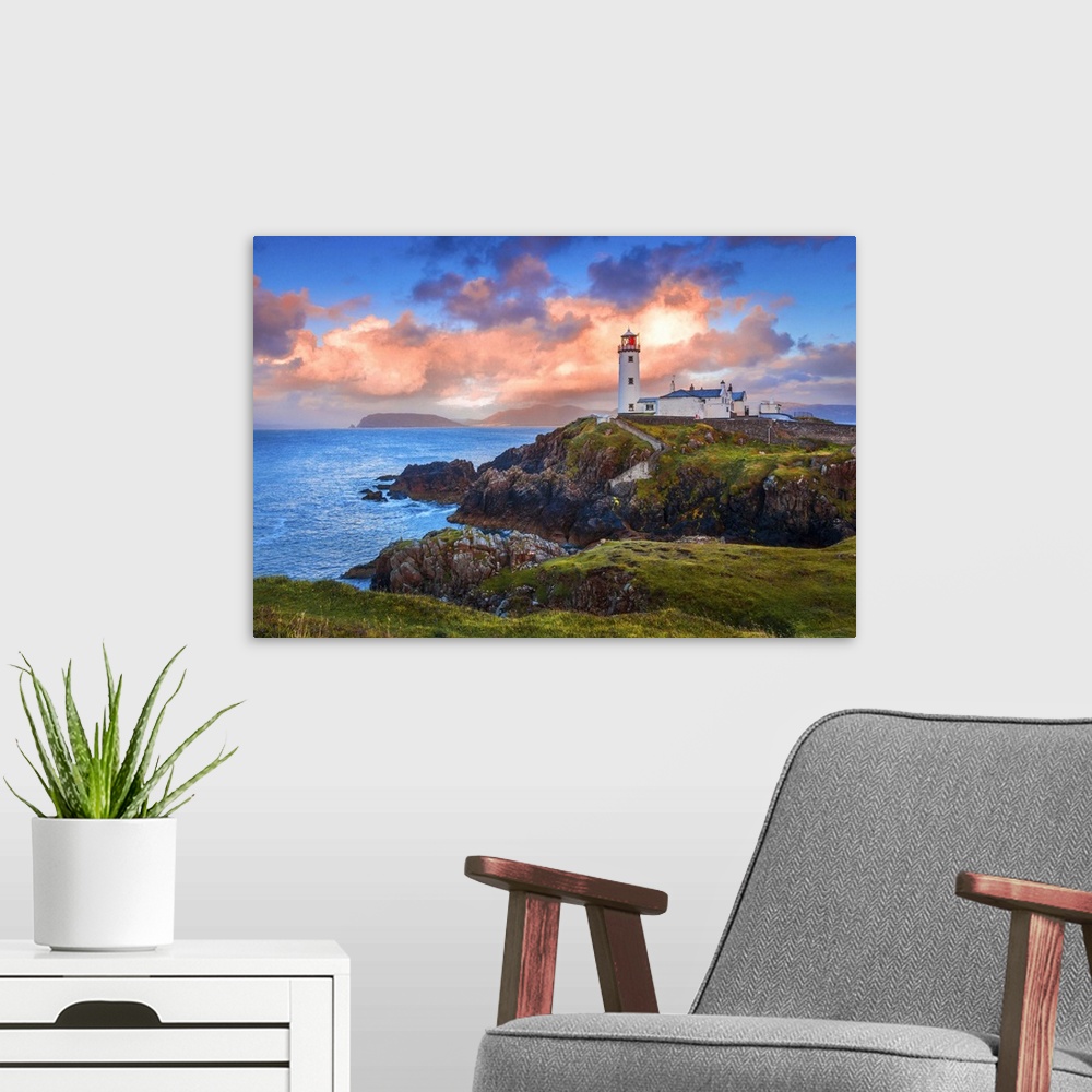 A modern room featuring Ireland, Donegal, Fanad Head lighthouse at sunrise.