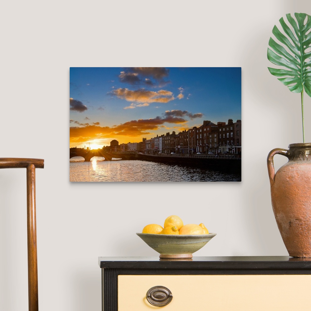 A traditional room featuring Ireland, Dublin, Liffey riverside at sunset