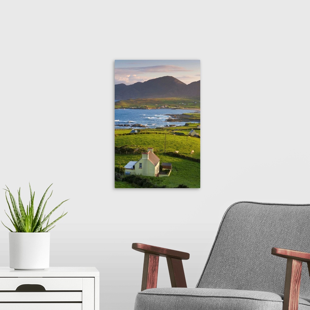 A modern room featuring Ireland, Kerry, Sunrise over rural landscape of Ballydonegan Bay