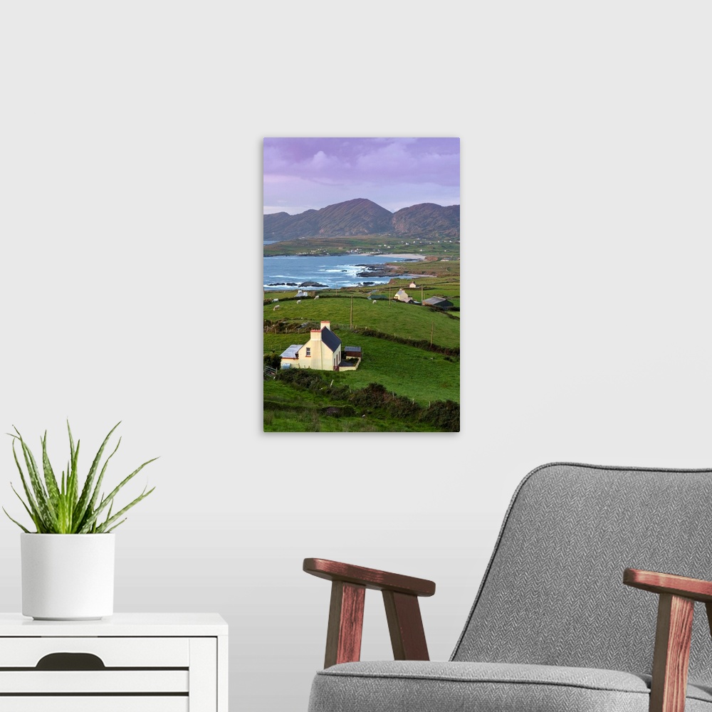 A modern room featuring Ireland, Kerry, Sunset over the dramatic landscape of Ballydonegan Bay