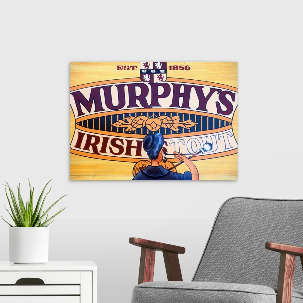 A modern room featuring Ireland, Murphy's Irish beer, sign