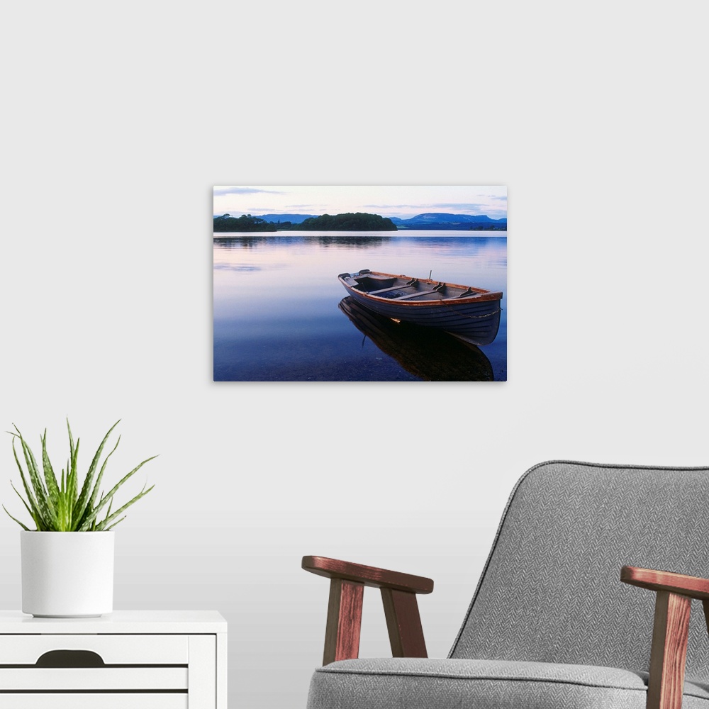 A modern room featuring Ireland, Sligo, Lough Gill, boat at rest along the shore of the lake