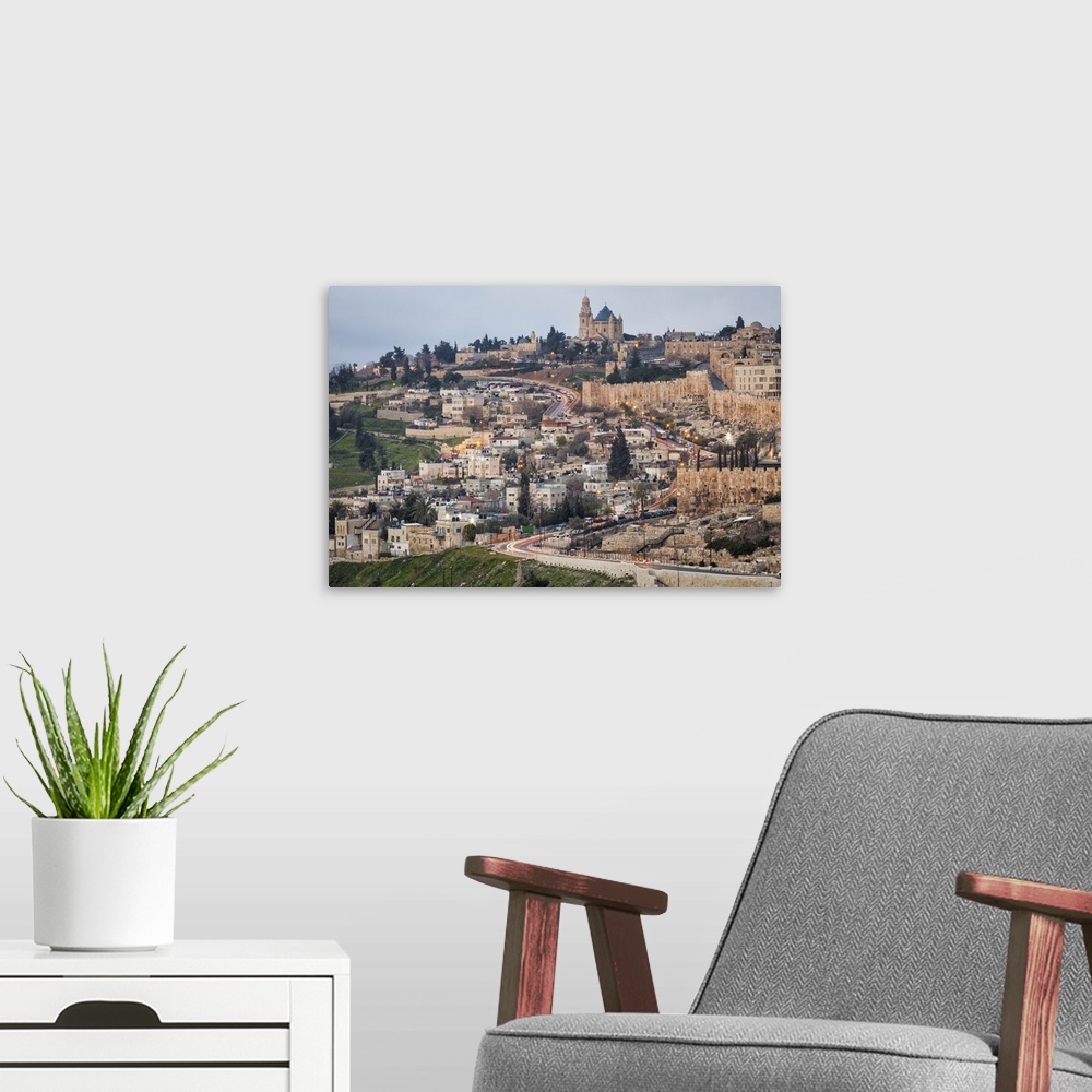 A modern room featuring Israel, Jerusalem, Old city wall at dawn, seen from Olive Mount.