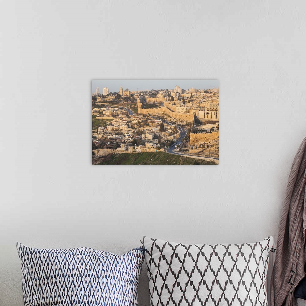 A bohemian room featuring Israel, Jerusalem, Old city wall at sunrise, seen from Olive Mount.