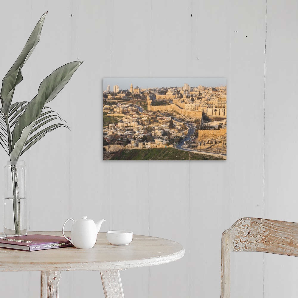 A farmhouse room featuring Israel, Jerusalem, Old city wall at sunrise, seen from Olive Mount.