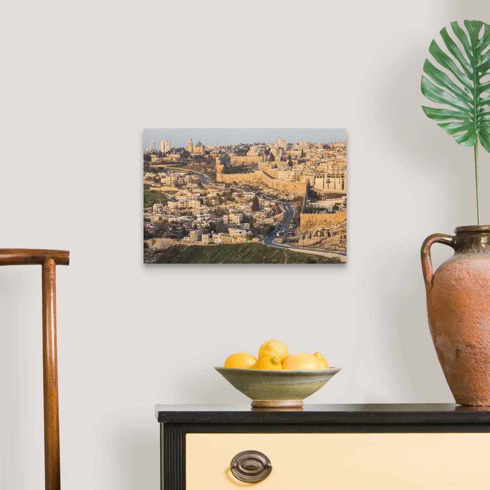 A traditional room featuring Israel, Jerusalem, Old city wall at sunrise, seen from Olive Mount.
