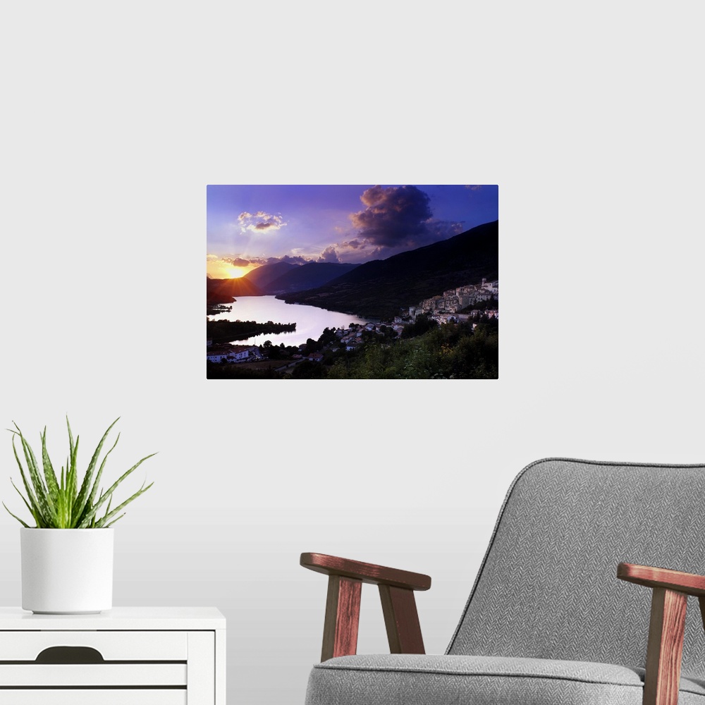 A modern room featuring Italy, Abruzzo, Abruzzo National Park, Barrea, Town and lake