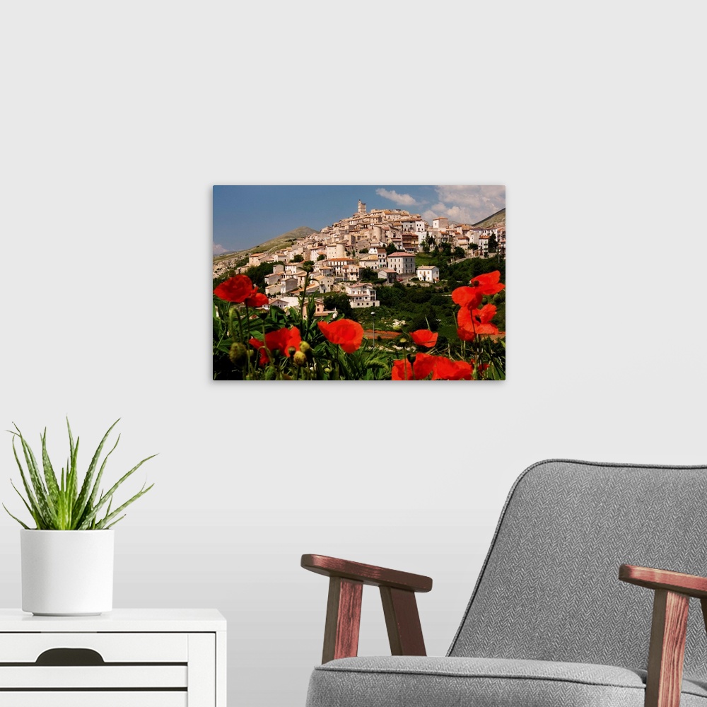 A modern room featuring Italy, Abruzzo, Gran Sasso National Park, L'Aquila district, Poppies and town