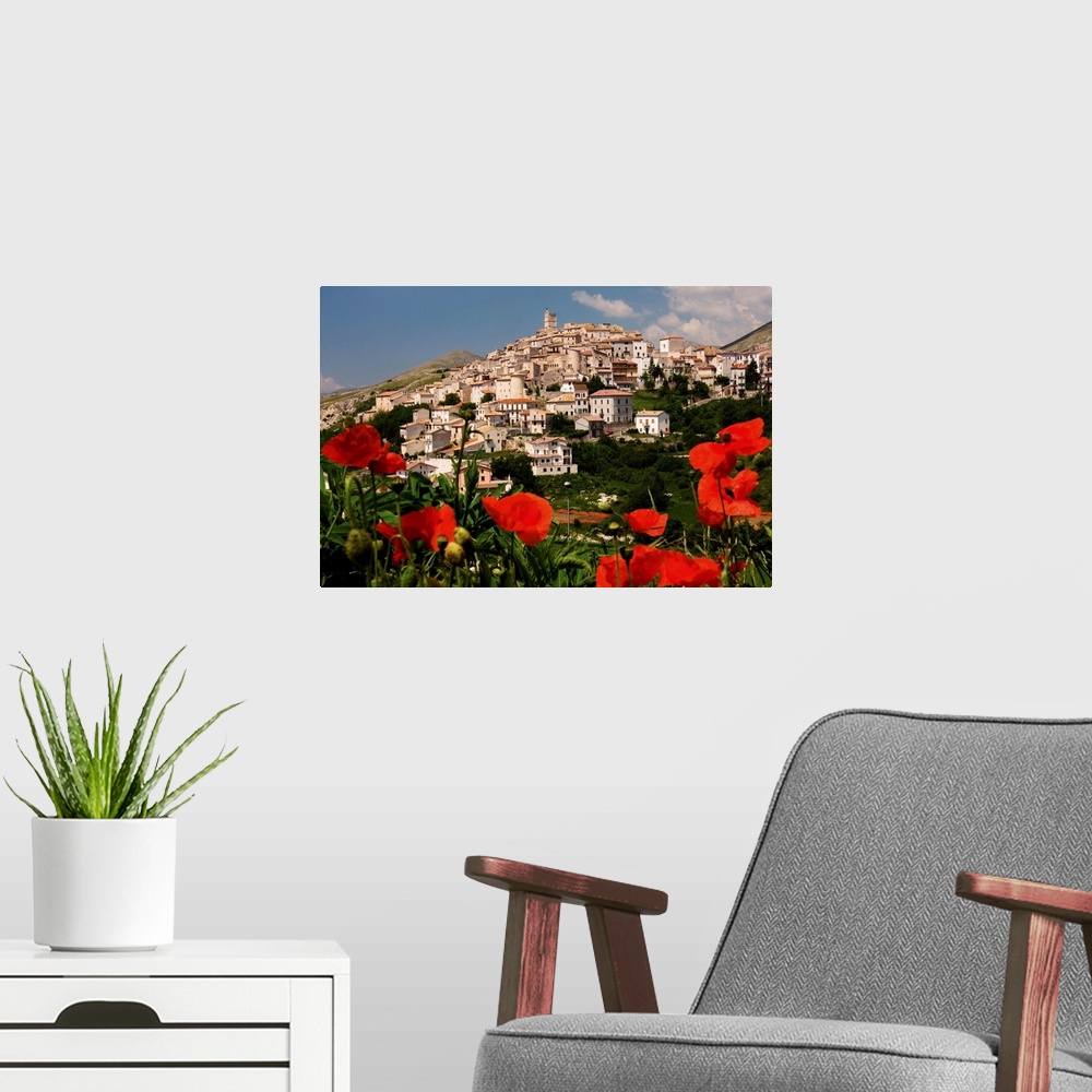 A modern room featuring Italy, Abruzzo, Gran Sasso National Park, L'Aquila district, Poppies and town