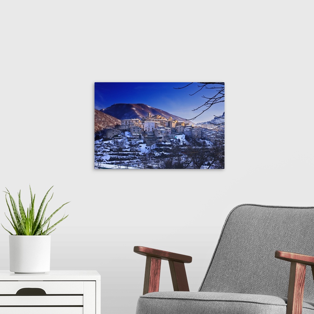 A modern room featuring Italy, Abruzzo, View of the medieval village located in the Sagittario Gorges