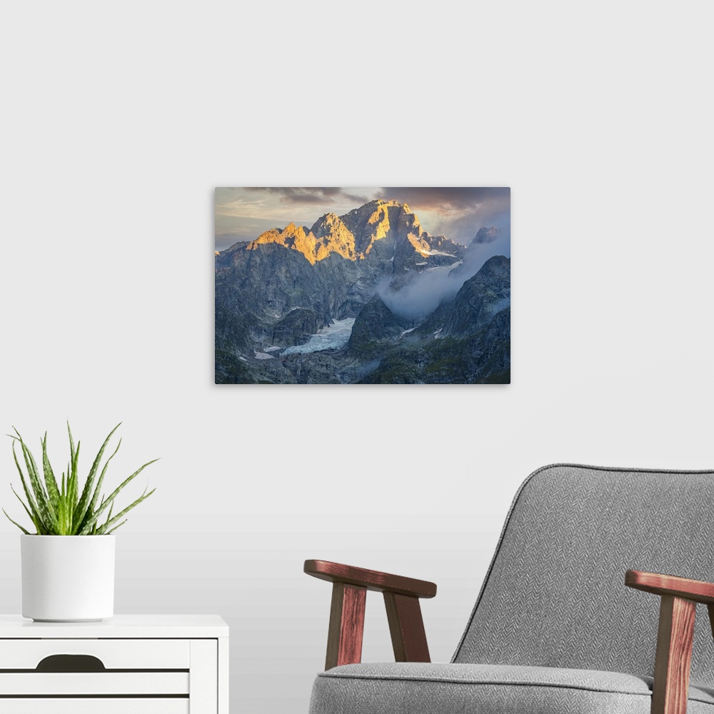 A modern room featuring Italy, Aosta Valley, Aosta district, Courmayeur, Val Ferret, Alps, Mont Blanc Mountain (4810m), M...