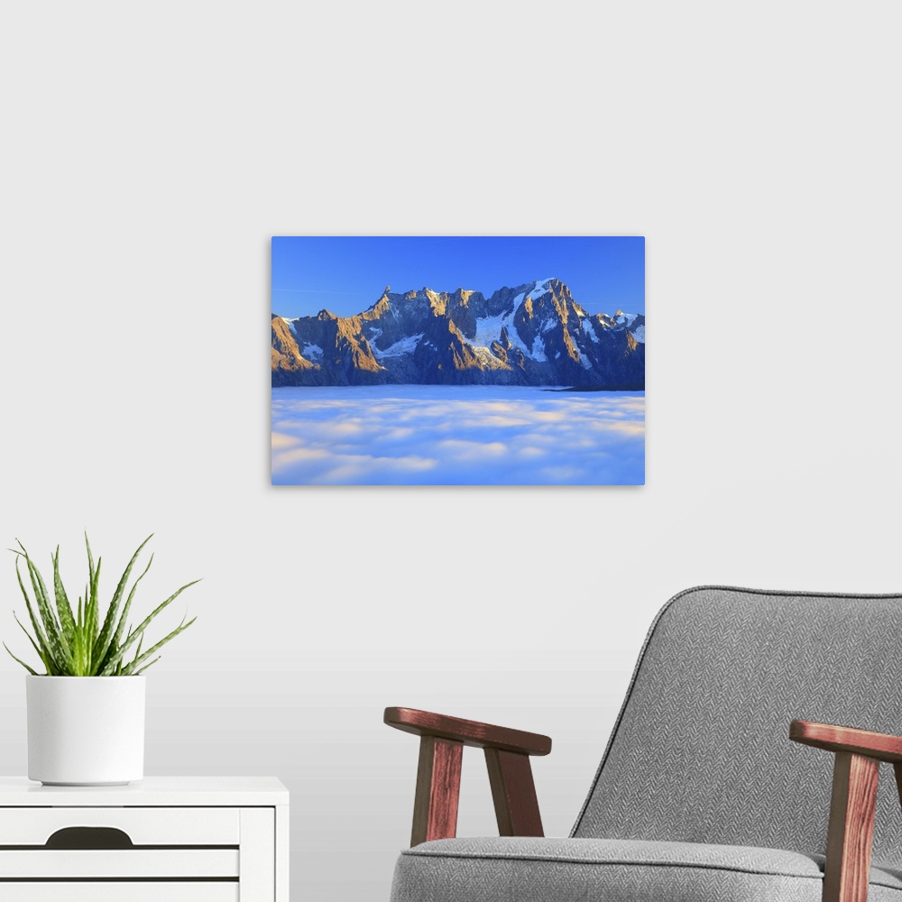 A modern room featuring Italy, Aosta Valley, La Thuile, Alps, From left to right, Dent du Geant, Aiguille de Rochefort, D...