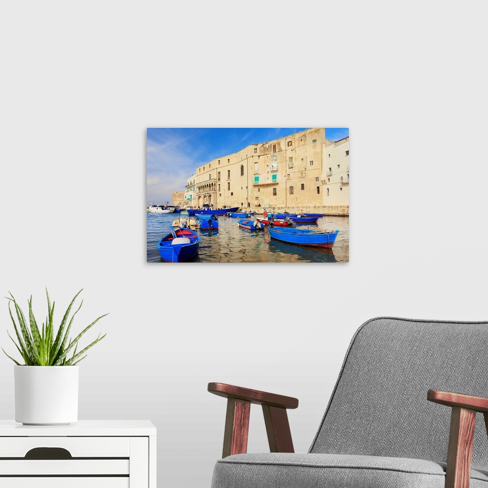 A modern room featuring Italy, Apulia, Monopoli, Fishing boats along the harbor.