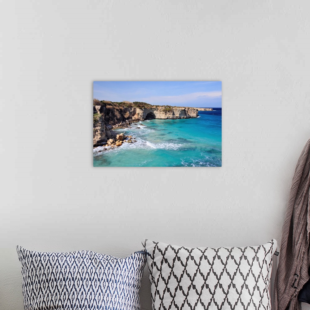 A bohemian room featuring Italy, Apulia, Otranto, Coastal landscape with the white cliffs at Baia dei Turchi