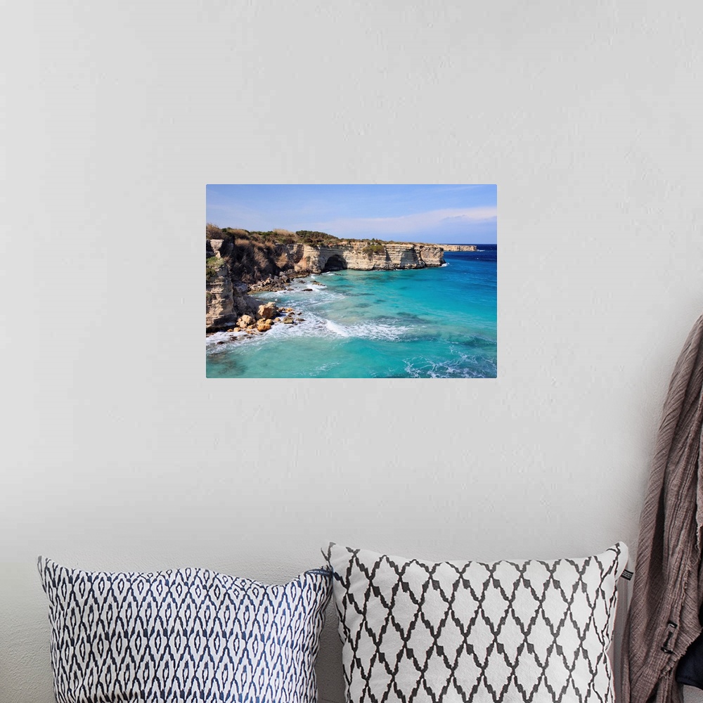 A bohemian room featuring Italy, Apulia, Otranto, Coastal landscape with the white cliffs at Baia dei Turchi