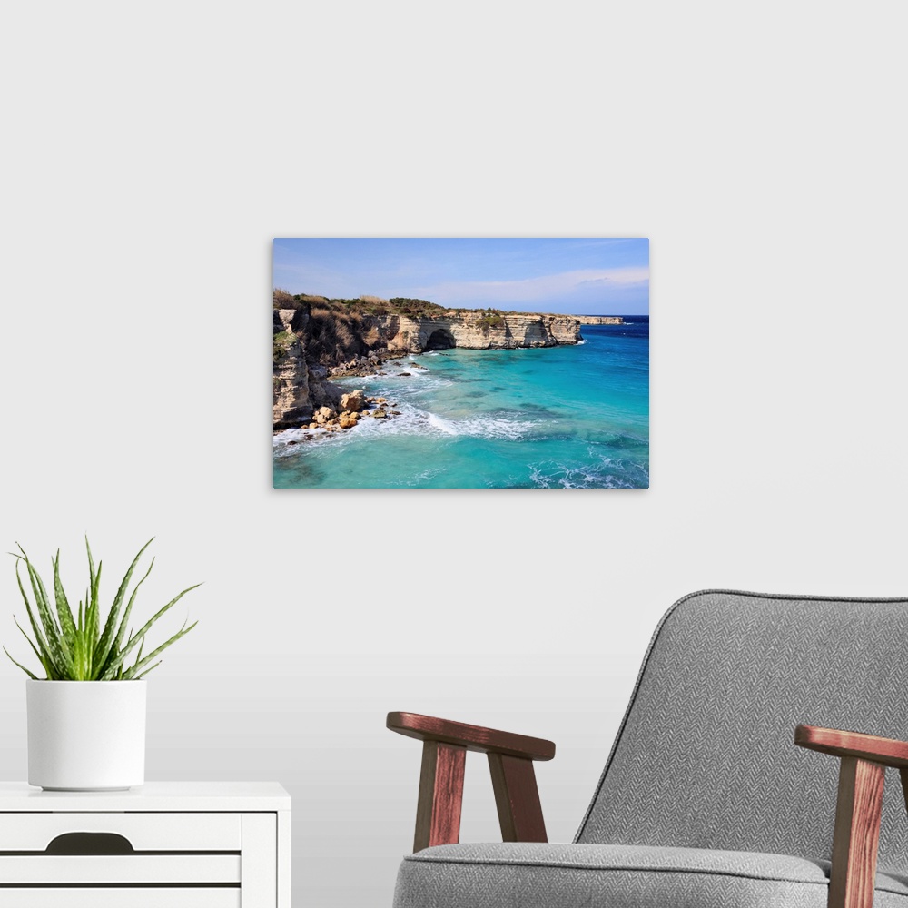 A modern room featuring Italy, Apulia, Otranto, Coastal landscape with the white cliffs at Baia dei Turchi