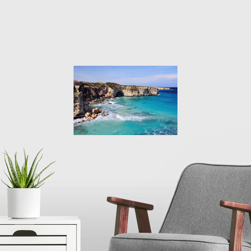A modern room featuring Italy, Apulia, Otranto, Coastal landscape with the white cliffs at Baia dei Turchi