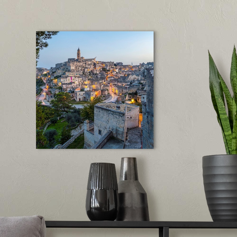 A modern room featuring Italy, Basilicata, Matera district, Matera, European Capital of Culture 2019, A view of the Civit...
